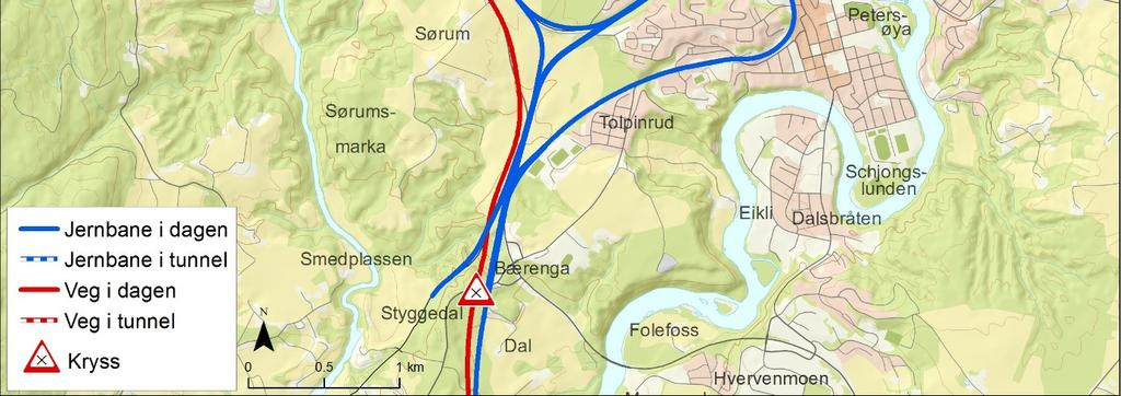 I Vekrysset føres både rv.7 og Bergensbanen under E16 i kulvert. Figur 1-10. Delstrekning 5 Styggedal Hønefoss for Styggedal Ve for E16.