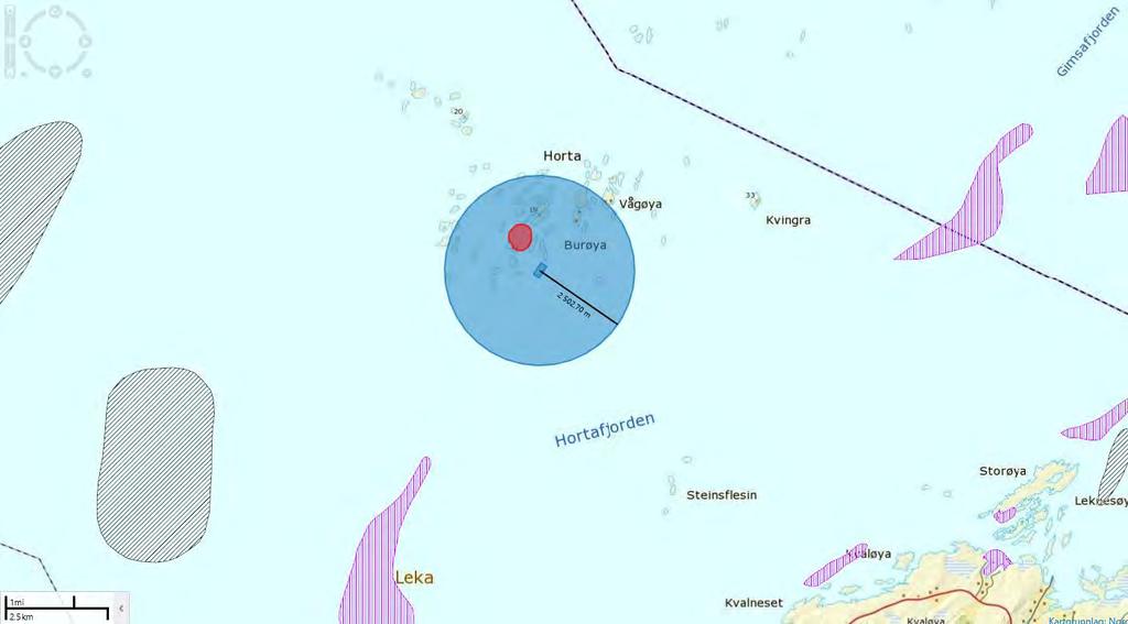 Figur 10: Oversikt over låssettingsplass (rødt), fiskeplass med passive redskaper (grått), og aktive redskaper (lilla).