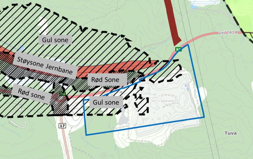 Figur 3: Utsnitt temaplan støysoner jernbane og Riksvei. Skravur: gul sone trafikk. Tettere skravur: rød sone trafikk. Tykk, rød strekk: støysone jernbane.