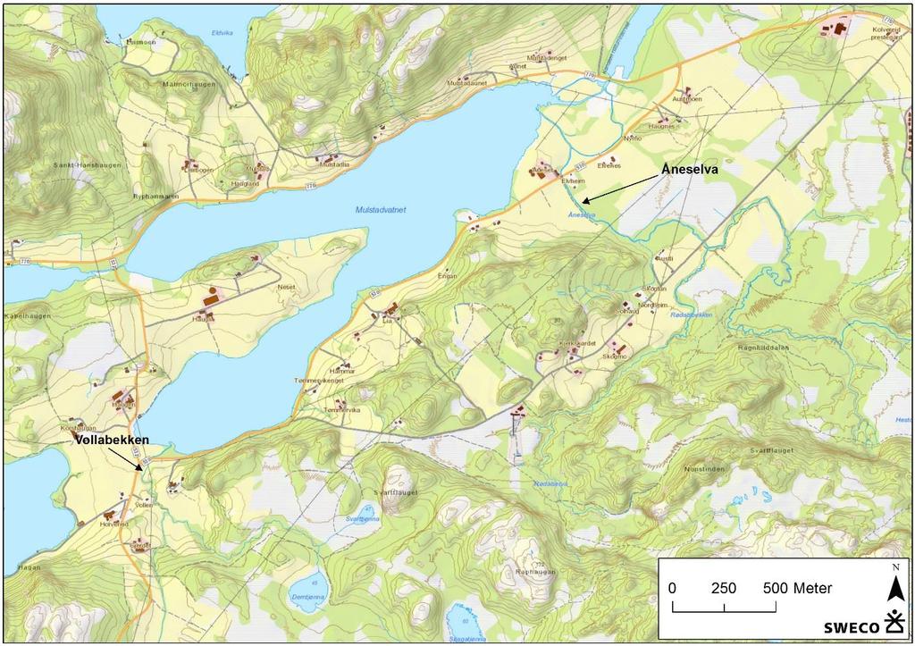 2 Beskrivelse av lokalitetene Figur 2, figur 3 og figur 5 viser hhv. oversiktskart, kart over Åneselva med nedbørfelt og kart over Vollabekken med nedbørfelt.