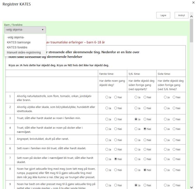 Registrer KATES 4) Du trykker på «Registrer KATES» Fargekodede for KATES-skårene (se i boksen over) viser til følgende: Skåre <15 Skåre 15-20 Skåre 21+ Normalt. Moderat traume-relatert stress.