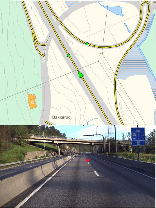 Eksempel på veg med to automatiske bomstasjoner. Rødt punkt viser anbefalt punkt for registrering geometri på hovedvegens (E6) bomstasjon.