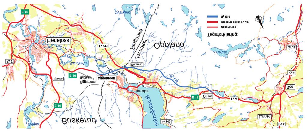 2 Prop. 72 S 2017 2018 Figur 2.1 E16 Eggemoen Jevnaker Olum oversiktskart 80 km /t. På vegen opp mot Olum er fartsgrensen 50 og 60 km/t.