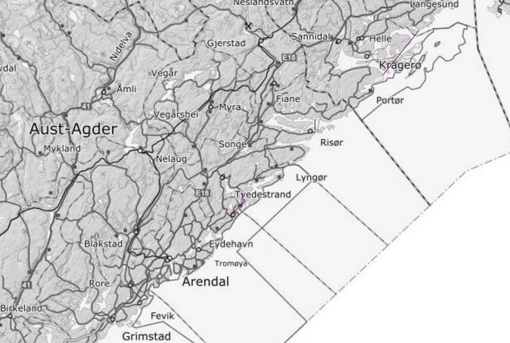 18/9012 Kartet viser gyteområdene som foreslås stengt for fiske mellom Langesund og Grimstad. Grensene er markert med lilla linjer og det er områdene innenfor grenselinjene som er omfattet.