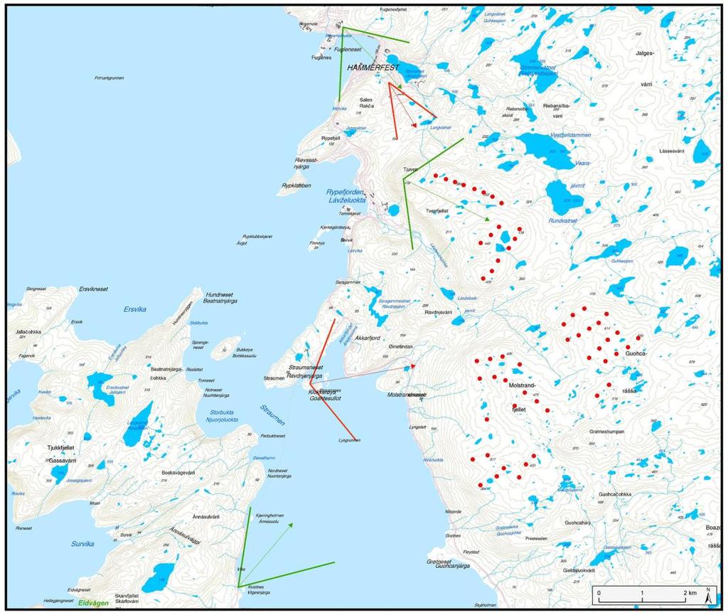 Landskap Hammerfest vindpark Plassering av vindmøller i 2 MW versjonen. Fotostandpunkt for visualiseringer av 2 MW utbygging. Fotostandpunkt for visualiseringer av 2 og 5 MW utbygging Figur 2.
