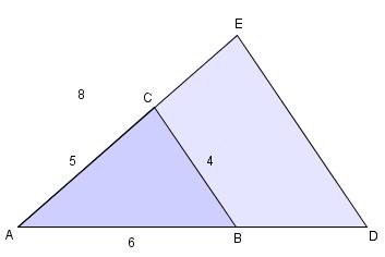 Oppgave 4 Figuren ovenfor viser to trekanter, ABC og ADE. Lengden av sidene i ABC er 6, 4 og 5. Se figuren. D ligger på forlengelsen av AB og E ligger på forlengelsen av AC. DE er parallell med BC.