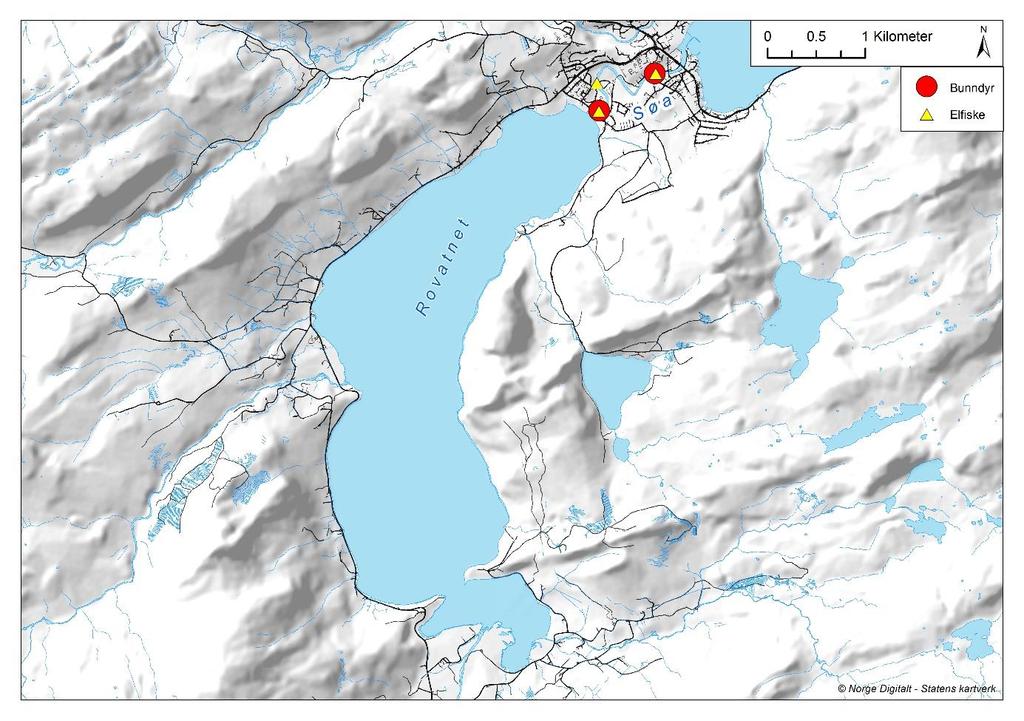 2 Materiale og Metode 2.1 Områdebeskrivelse Rovatnet (13 moh.) er del av Søavassdraget i Hemne kommune i Sør-Trøndelag og har et areal på 7,9 km² (figur 1).