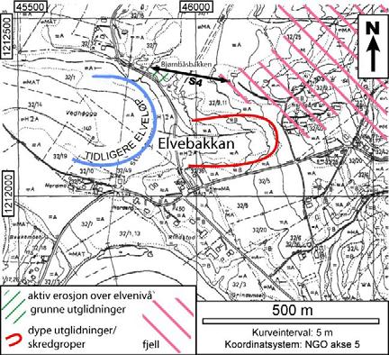 Figur 10. Området ved Elvebakkan. Plassering av seismisk profil S4 er angitt (vedlegg 5). Figur 11. Tolkning av seismisk profil ved Elvebakkan.