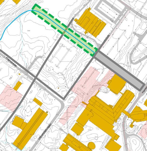 Tiltak I-4 Universitetsvegen-Skråninga Gående, skiløpere Opparbeide naturlig forlengelse av urban akse mellom Universitetsvegen og Hansine Hansens veg til et drag for gående og skiløpere