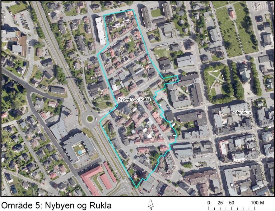 . Nybyen og Rukla Beskrivelse Rukla og Nybyen ligger like øst for Sandefjordsveien, og består av to sammenhengende delområder.