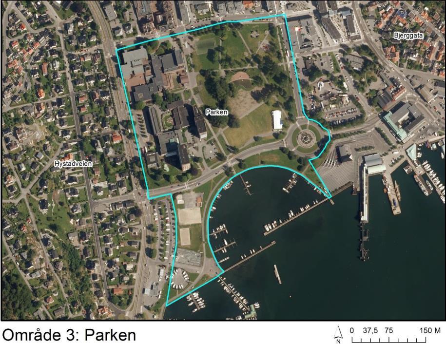 . Parken Beskrivelse Parken ligger sør i Sandefjord sentrum, og omkranses av gatene Hjertenespromenaden, og Sandefjordsveien. I sør grenser området til fjorden.