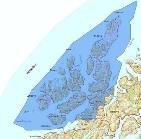 Lofoten er kjent for en særegen natur med fjell og tinder utsikt til storhavet og sandstrender. Kart 2. Vannområde Lofoten. 2.5.2 Vesterålen Vannområde Vesterålen omfatter et totalareal på 5092 km 2.