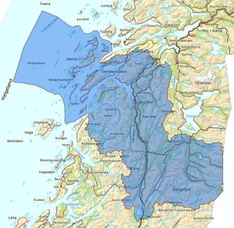 Vannområdet strekker seg fra Røssvatn i sør til Svartisen i Nord og omfatter vassdrag som har sitt utløp i Sjona, Sørfjorden og Ranfjorden.