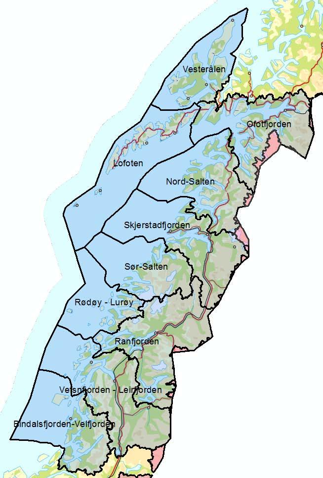Kapittel 2 Vannregion Nordland Vannregion Nordland strekker seg i all hovedsak fra fylkesgrensen mot Nord-Trøndelag i sør til fylkesgrensen mot Troms i nord, og fra svenskegrensen i øst og til 1