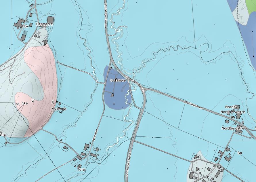 Figur 34. Utsnitt av løsmassekart fra NGU: Innenfor planområdet er det både marine strandavsetninger (mørk blå) og tykke havavsetninger (lys blå).