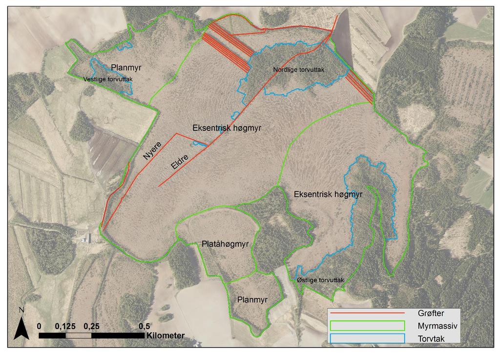 5 Resultat 5.1 Inndeling i myrmassiv Figur 10. Myrmassiv, grøfter og torvtak på Høstadmyra med LiDAR-kart som bakgrunn.