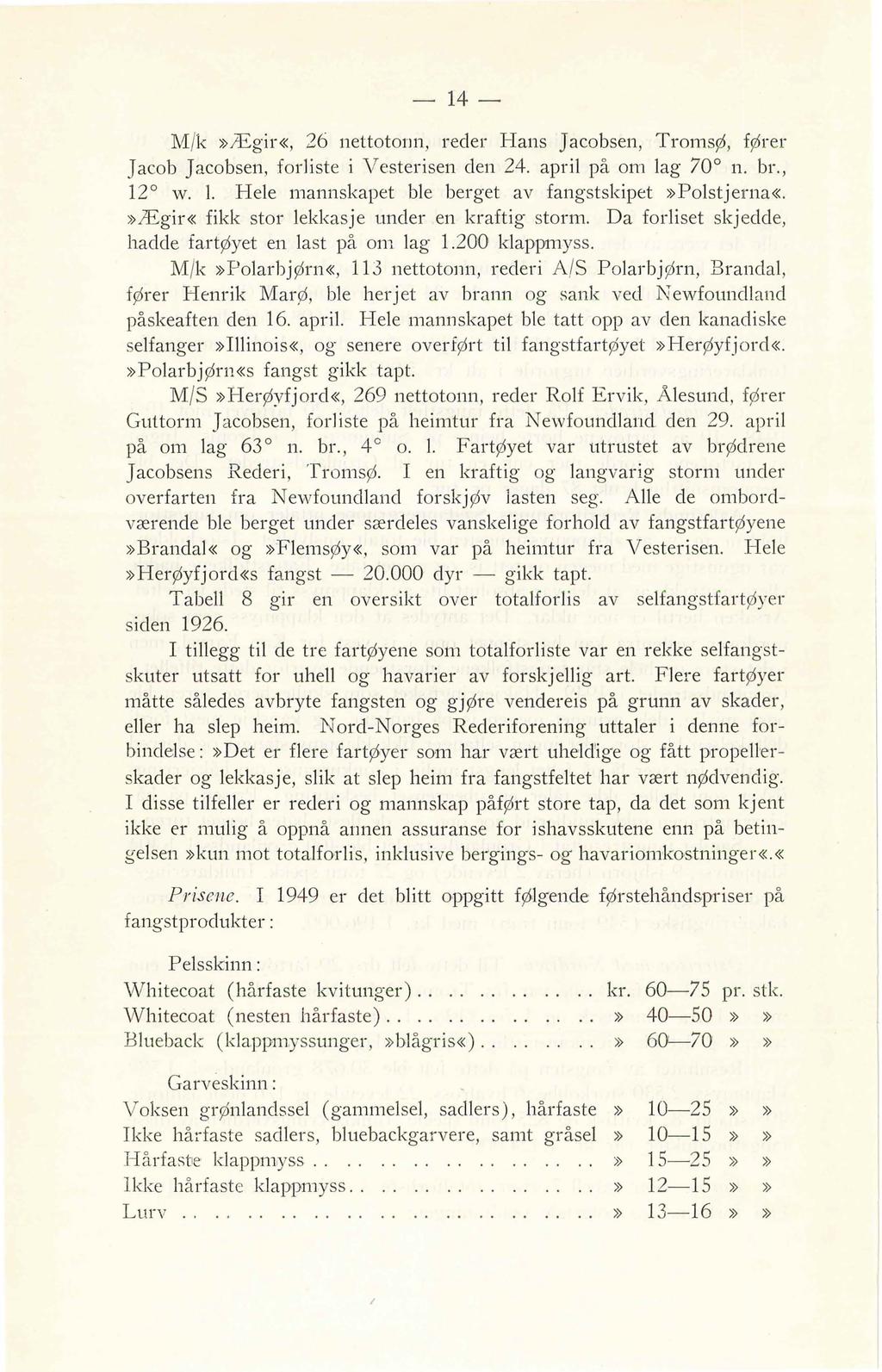 14 J\1/k»Ægir«, 6 nettotonn, reder Hans Jacobsen, TromsØ, fører Jacob Jacobsen, foriste i Vesterisen den 4. apri på om ag 70 n. br., 1 w.. Hee mannskapet be berget av fangstskipet»postjerna«.