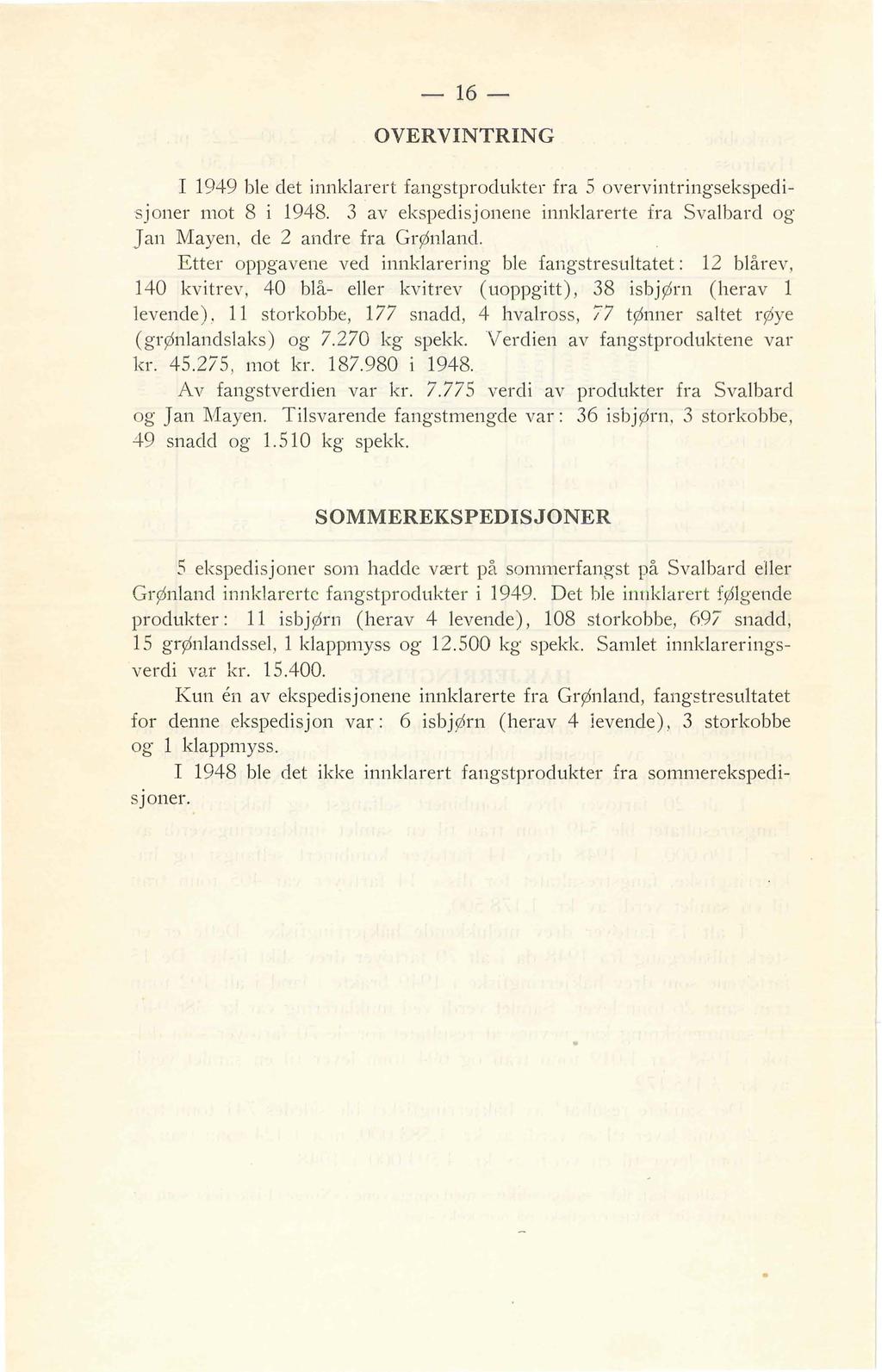 16 OVERVINTRING I 1949 be det innkarert fangstprodukter fra 5 overvintringsekspedis joner mot 8 i 1948. 3 av ekspedisjonene innkarerte fra Svabard og Jan Mayen, de andre fra GrØnand.