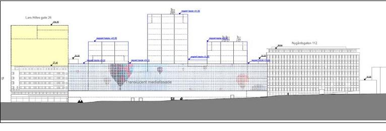 Figur 4: Planlagt fasade med medieskjerm. MAD arkitekter as Byform Intensjonene med planforslaget er å legge bygningsmessig til rette for utbygging av Bergen Medie City.