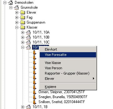 Oversikt over foresatte i en klasse Høyreklikk på klassen som det er registrerte foresatte i. Velg Vise foresatte i menyen som kommer opp.
