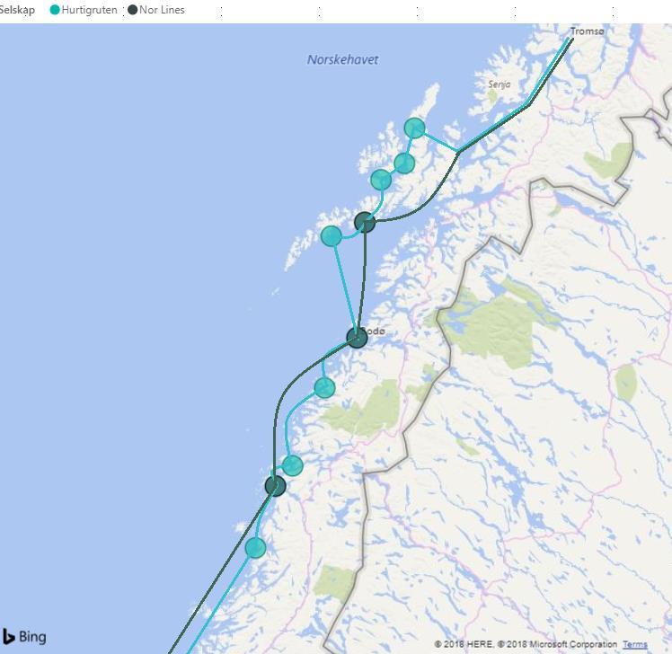 Figur 4-11 Hurtigruten og Nor Lines anløpsstruktur i Nordland 2018 Nor Lines har i tillegg terminaler i Brønnøysund, Nesna, Risøyhamn, Sortland, Stamsund, Stokmarknes og Ørnes, 4.