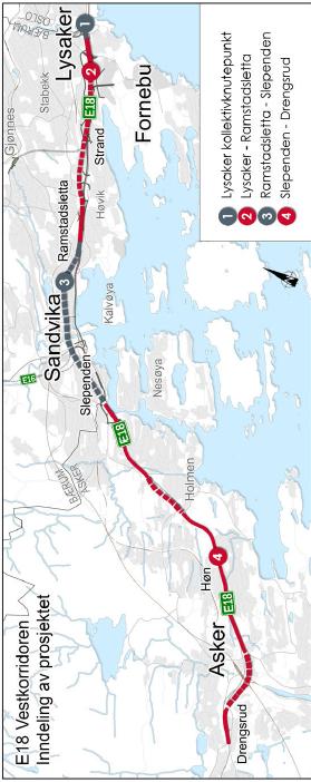 Figur 5: E18 Vestkorridoren inndeling av prosjektet (Kilde: Statens vegvesen) I bompengeutredningen fra Statens vegvesen er det ikke gjort vurderinger av kostnader og finansieringsopplegget for de