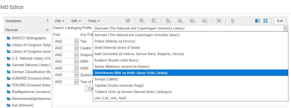 3. Fra rullegardinmenyen til Search Cataloging Profile velger du bibliotekskatalogen du vil søke i (for eksempel Library of Congress eller British Library): 4.