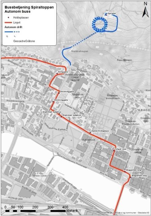 Alternativ 3 Selvkjørende el-buss: Trasé fra nedsiden av