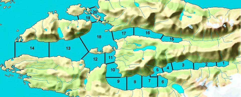 2.3 Isganger i Beiarelva Det ble ikke rapportert om noen vesentlige isganger i Beiarelva i 2008. 2.4 Isforholdene i fjorden For å beskrive isforholdene har vi delt fjorden inn i 20 områder (fig. 2.13).