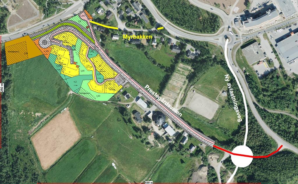 Vedtatt reguleringsplan for ny avlastningsveg innebærer at Prestegårdsveien på sikt skal kobles mot denne nye veien via en 4-armet rundkjøring som vist på kartutsnittet på neste side.