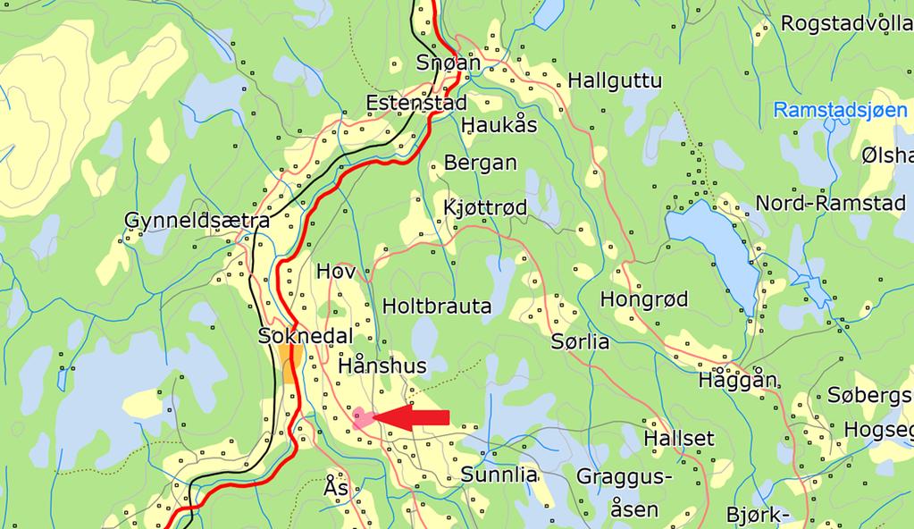 Beliggenhet Den omsøkte eiendommen ligger sør øst for Soknedal sentrum. Figur 1 Oversiktskart over deler av Midtre Gauldal kommune.