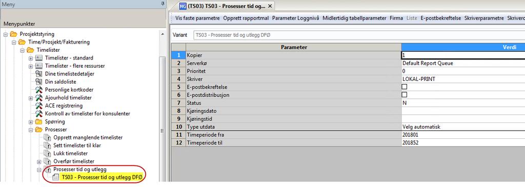 TS03 forbereder bokføring av timekostnadene ved å legge på konteringsinformasjon fra bokføringsreglene (konto, balanseringskonto og tilhørende kostnadssteder som skal benyttes) for hvert enkelt