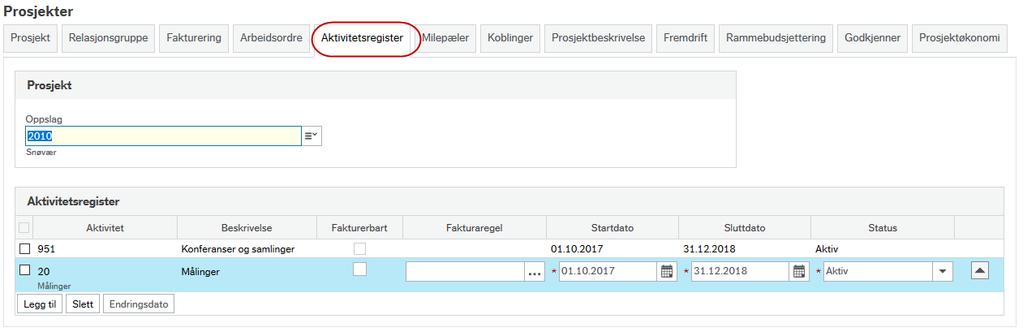 1.1.5 Mappekort 5 Aktivitet (Aktivitetsregister) 1. Legg inn aktiviteter som skal være gyldige for prosjektet.