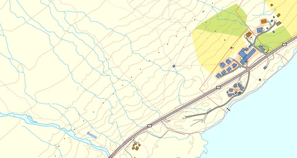 Figur 1. Kartutsnitt område rundt Bessheim. Bessheim fjellstue har vannforsyningen sin fra elva Bessa ca. 1 km opp for fjellstua.