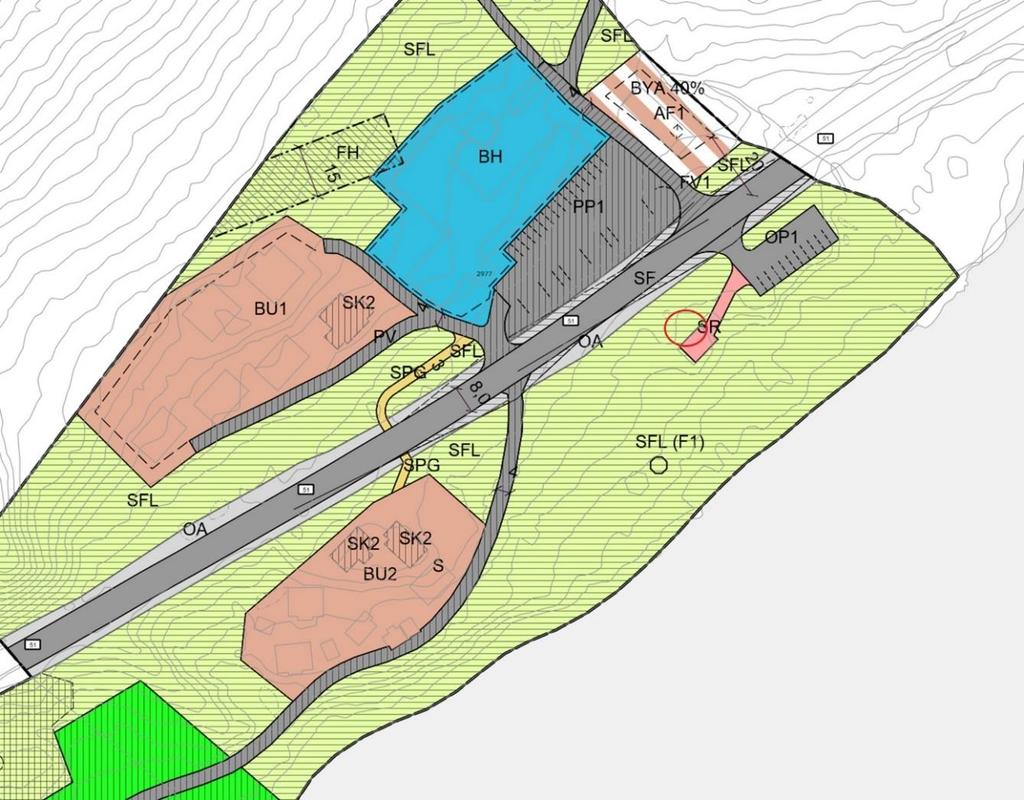 Figur 2. Utsnitt av Reguleringsplankart for Bessheim fjellstue. Område for avløpsanlegg er markert med rød sirkel på sørsiden av FV 51.