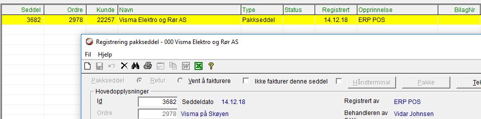 Ved spørring på ordre vises opprinnelsen ERP POS. NB! Ved kasseoppgjør i Contracting vises pakksedlene kun på oppgjørslisten.