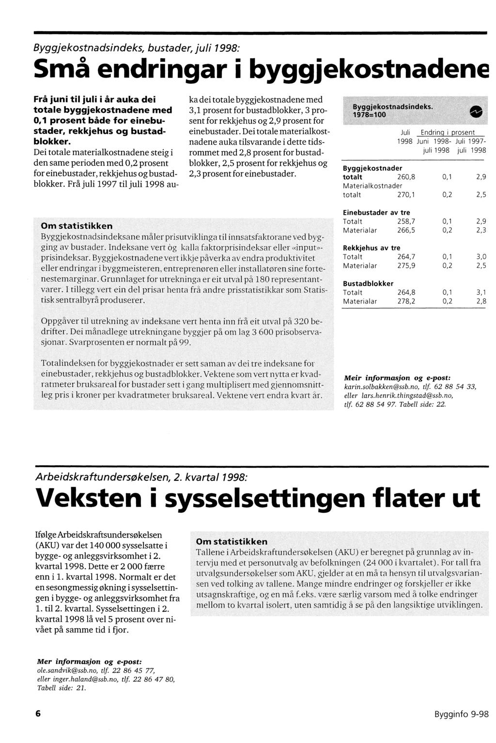 Byggjekostnadsindeks, bustader, juli 1998: Små endringar ï byggjekostnadene Frå juni til juli i år auka dei totale byggjekostnadene med 0,1 prosent både for einebustader, rekkjehus og bustadblokker.