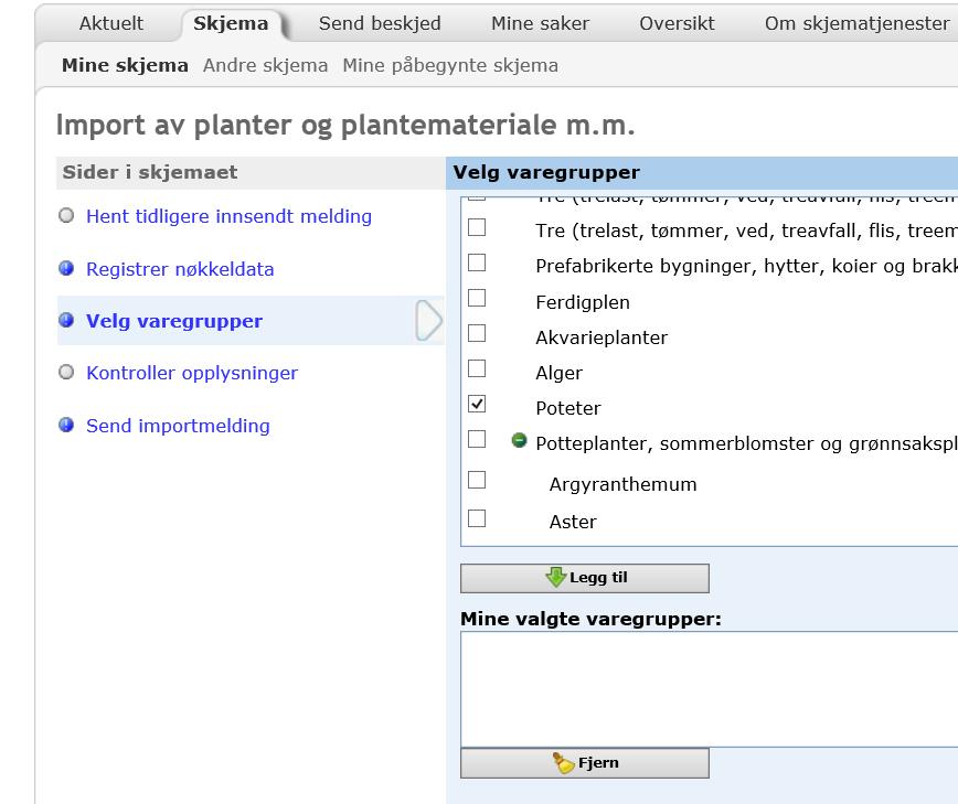 Figur 4 Innmelding av potet: Under «velg varegrupper» huker du av for varegruppen «poteter»