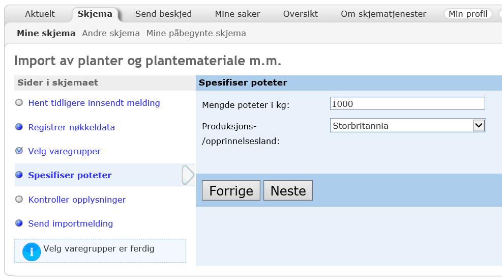 Figur 5 Innmelding av potet: Etter å ha valgt poteter som varegruppe kommer du til menyen