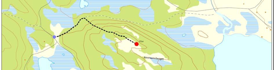 7 km frå bommen til skilt mot Rennsenn. Kjør ca.