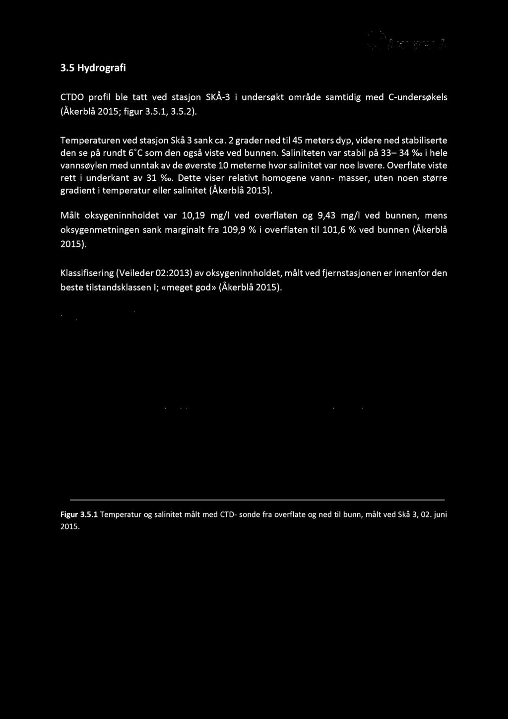 3.5 Hydrografi CTDO profil ble tatt ved stasjon SKÅ-3 i undersøkt område samtidig med C-undersøkels (Åkerblå 2015; figur 3.5.1, 3.5.2). Temperaturen ved stasjon Skå 3 sank ca.