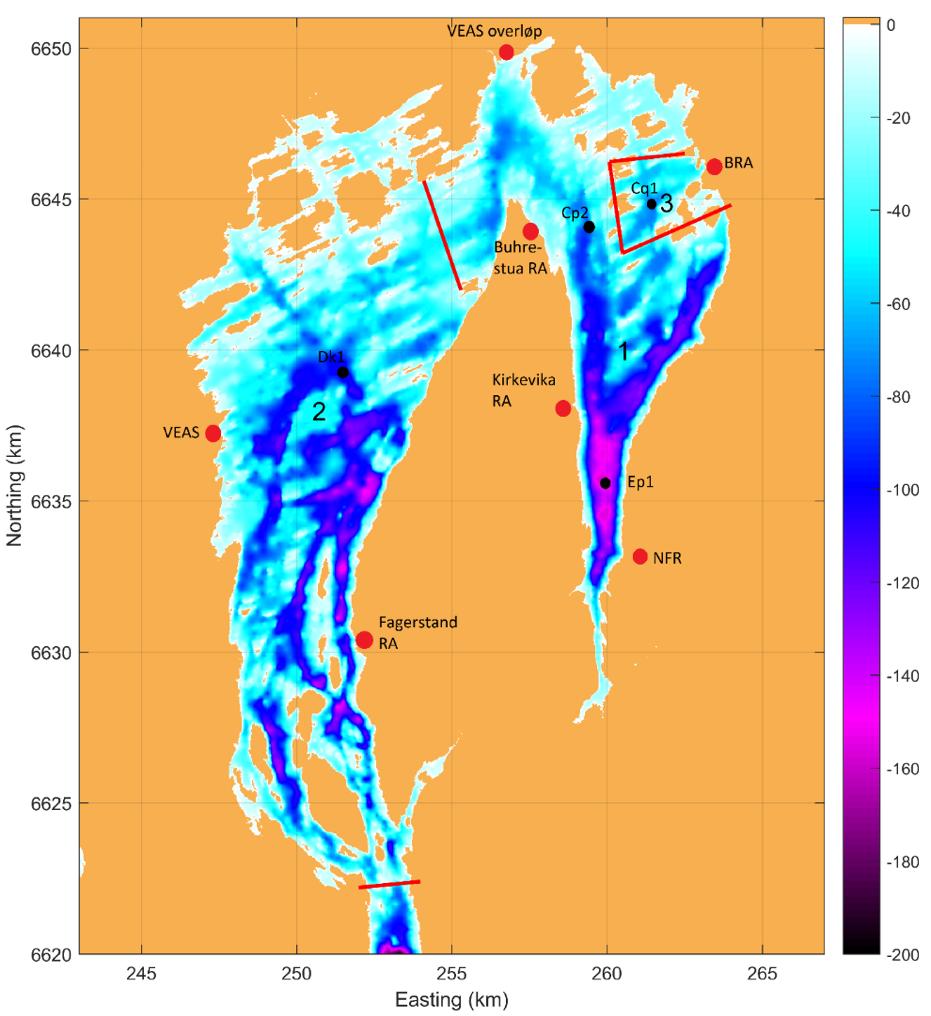 NIVA 7192-2017 Figur 1. Kart over indre Oslofjorden. De røde punktene angir plasseringen av eksisterende renseanlegg i fjorden.