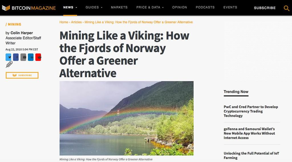 by Colin Harper Associate Writer Editor/Staff Aug 22, 2018 5:04 PM EST IIIII & Mining Like a Viking: How the Fjords of Norway Offer a Greener Alternative Trending Now PwC and Cred Partner to Develop