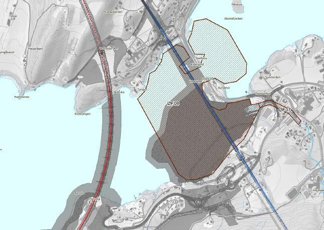 Figur 4: Verdifulle økologiske funksjonsområder (brun skravur), utfyllingsområde (mørk grå), vegtunnel (rød linje), jernbanetunnel (blå linje) og midlertidige anleggsområder (grå).