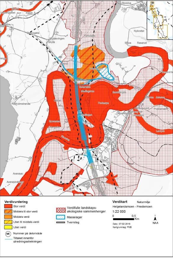 Figur 7: Verdikart hvor stor og middels naturverdi er angitt med henholdsvis rød og oransje farge.