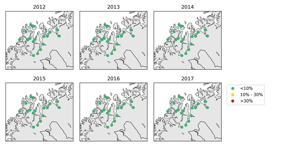 Figur 34: Estimert utslipp av nauplier summert for alle anlegg i produksjonsområdet i april, mai, juni og juli for årene 2012-2017. Figur 35: Estimert luserelatert dødelighet vha.