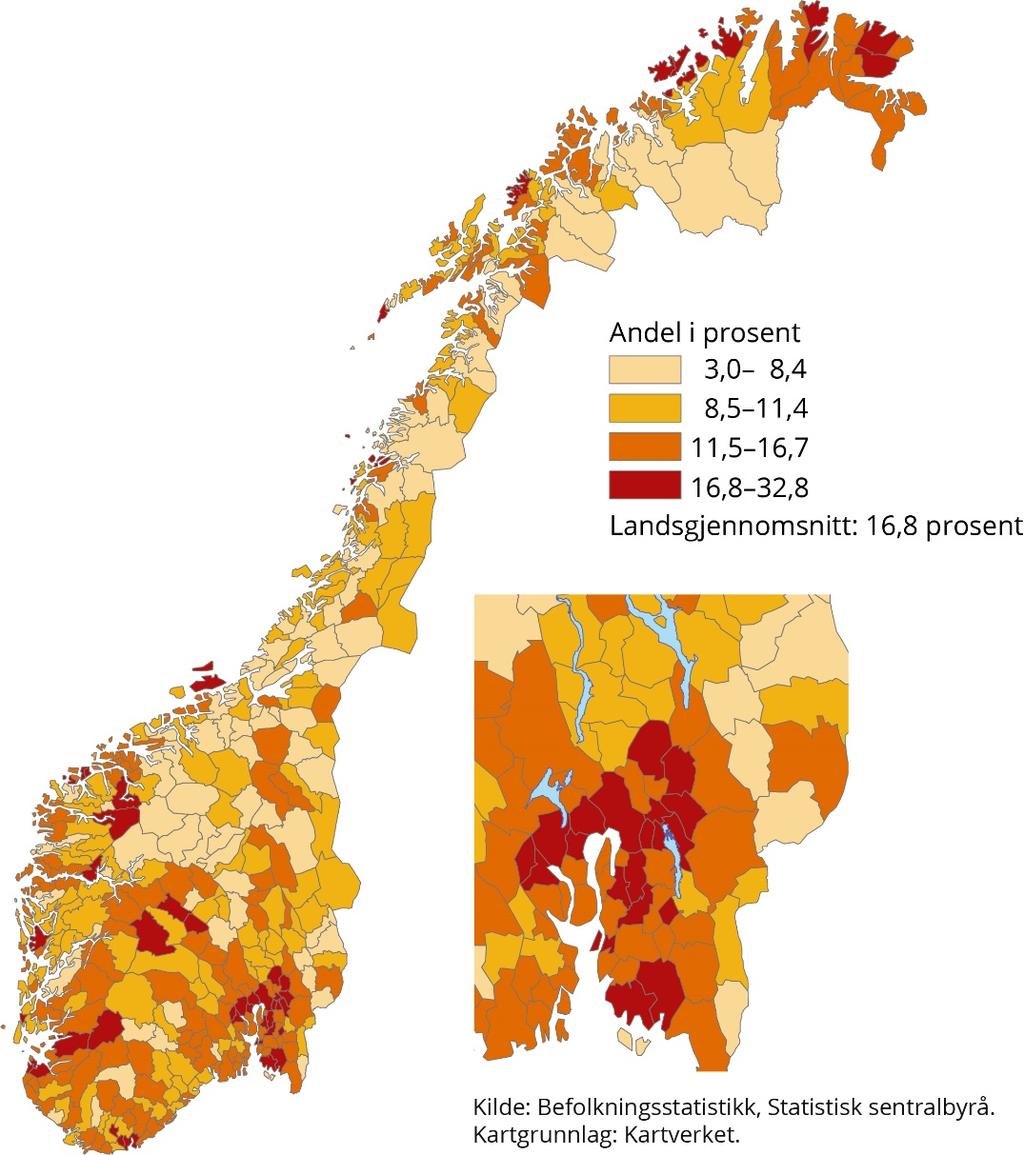 Innvandrere i Norge 2017 Statistiske analyser 155 2.19. I alle landets kommuner Det bodde personer med innvandrerbakgrunn i alle landets kommuner ved inngangen til 2017 (se figur 2.6).