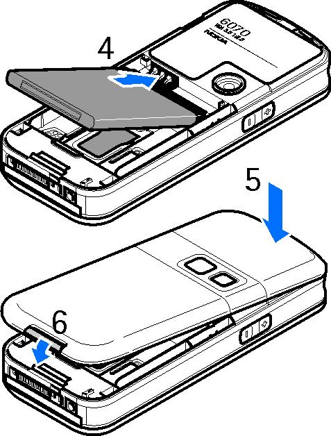 Sett inn batteriet (4). Pass på kontaktene på batteriet. Bruk alltid originale Nokia-batterier.