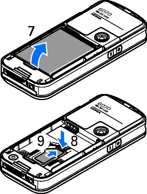 Rett inn toppen av bakdekselet etter toppen av telefonen (5), og trykk på nederste del av bakdekselet for å låse det på