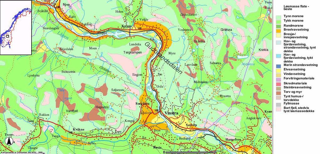 For øvrig er det morenemasser av vekslende mektighet i lisidene i dalen, generelt blir massene grunnere dess lenger opp i lia man kommer. Figur 4.